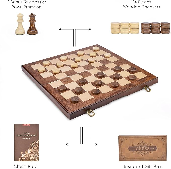 AMEROUS Wooden Chess &amp Checkers Set with Upgraded Weighted Chess Pieces 15 Inches (2 in 1) Chess Board Games for Kids Adults w/ 2 Extra Queens / 24 Cherkers Pieces/Gift Package