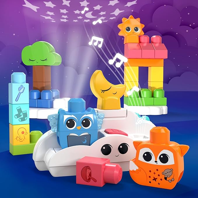 MEGA BLOKS Fisher-Price Toddler Building Blocks Toy Rise &amp Snooze Night Light with 30 Pieces Sound and Light Effects Star Projector Ages 1+ Years