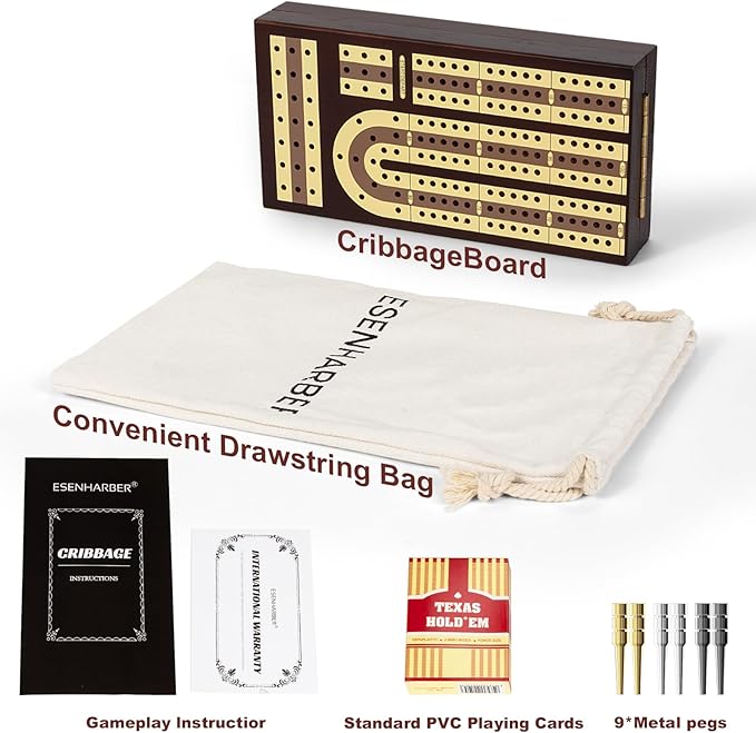Foldable Wooden Cribbage Board Set - Elegant 3-Track Design with Magnetic Closure 9 Metal Pegs Full Deck of Cards Perfect for Family Game Nights and Travel
