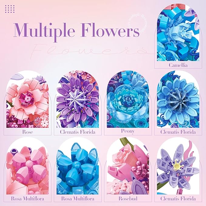Moon Flowers Building Blocks Set Botanical Collection Blossom for Wall Decor Creative Floral Building Kit Flower Bouquet Botanical Collection for Home Décor Gift for Adults Teens 934 PCS (Pink)