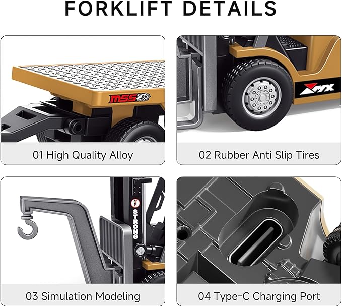 BRRRRT 1/64 Full Proportional RC Forklift Toy8 Channel 2 Mode Mini Remote Control Forklift Truck with Flatbed Tow Truck2 in 1 Transformable Lift Fork &amp Hook with Rechargeable Battery for 4+ Kids