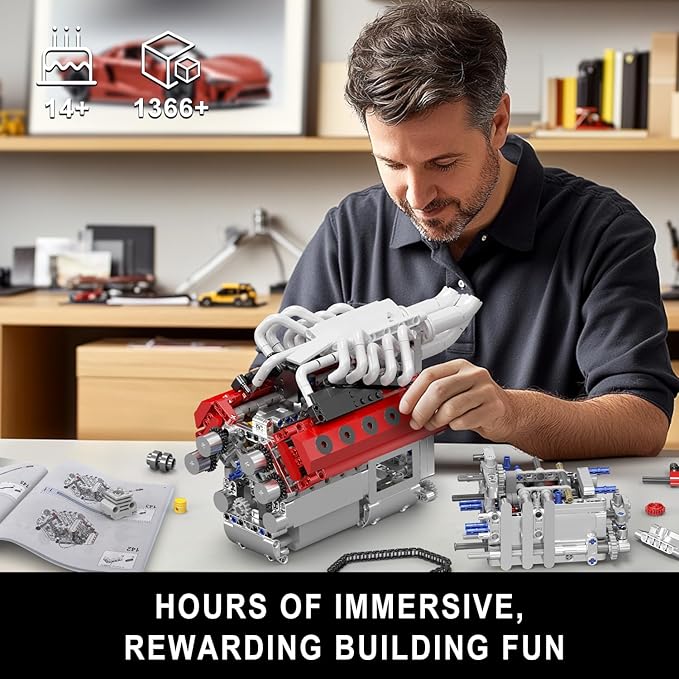 Mould King V12 Engine Model Kit That Runs - Motorized Mini Engines Building Blocks Set with Gearshift &amp Battery DIY Mechanic Engineering Kit Car Construction STEM Toy for Adults &amp Teens (136