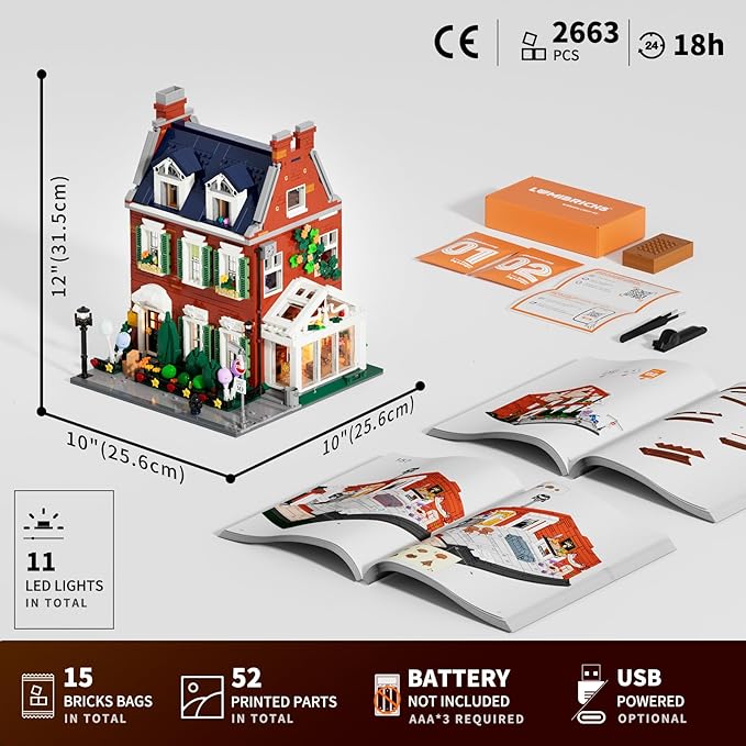 Redbrick Row House Lighting Building Bricks Set - City Town LED Light Modular Construction Model Collection Display Kit with Minifigures 2663 Pcs for Adults &amp Teens