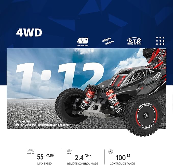 GoolRC WLtoys 124010 RC Cars for Adults 1:12 Scale Remote Control Car 4WD 55KM/H High Speed RC Racing Car 2.4GHz All Terrains Off Road RC Buggy Trucks for Teens (Black)