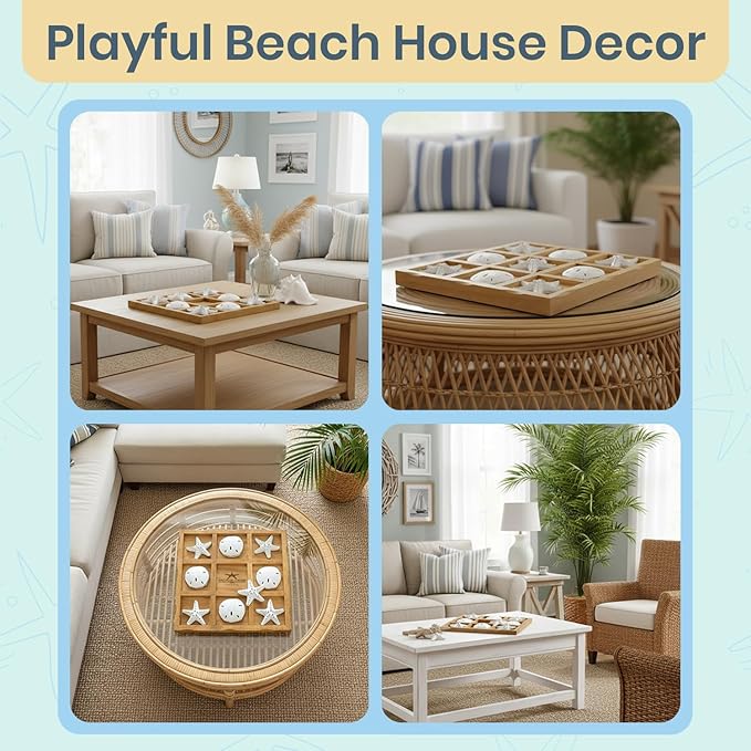 Starfish Tic Tac Toe Game - 9 x 9 - Beach Tic Tac Toe Game - Coastal Beach House Coffee Table Game Board - Tic Tac Toe Decor - Beach House Games - White Starfish &amp Sand Dollars