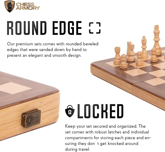 15 Inch Magnetic Wooden Chess Set for Adults &amp Kids - Folding Travel Chess Board with Handcrafted Staunton Pieces Extra Queens and Storage Slots