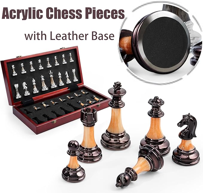 VAMSLOVE Chess Set Large 16''/42cm Folding Wooden Board with Deluxe Weighted Acrylic Chess Pieces - 3.5 King with Storage Slots for Adults House Warming Retirement Gift