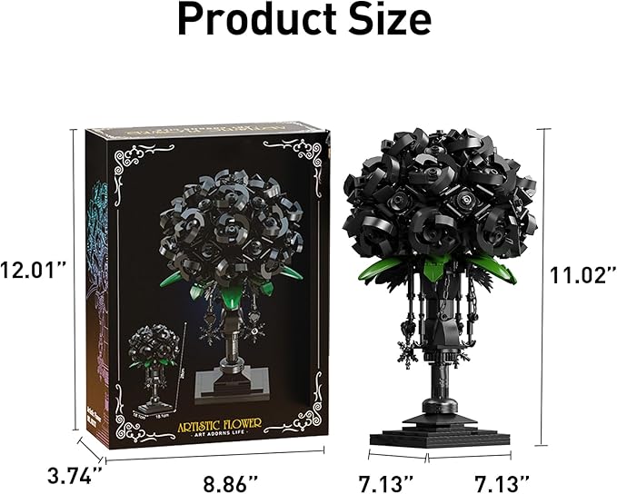 Black Rose Building Block Flower Decor Gothic Style Brick-Built Floral Bouquet for Home &amp Office Compatible with Lego Dark Romantic Black Flowers DIY Display Gift for Adults