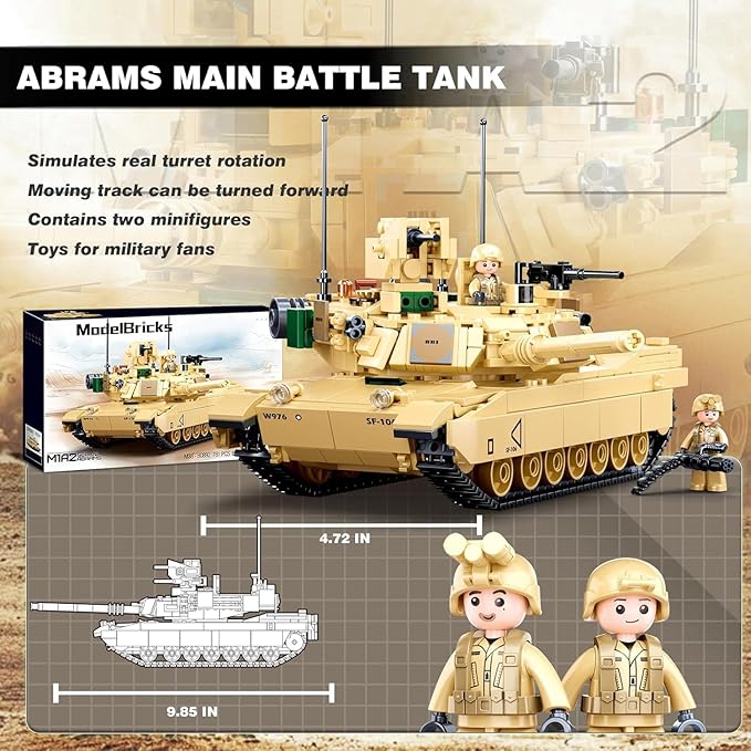 WW2 Army Tank M1A2 Main Battle Tank Military Model Toy Kits Inspired M1A2 Abrams Brick Building Set Including 2 Soldier Minifigures Gifts for 6-12 Year Old Kids Compatible with Lego 781 PCS1