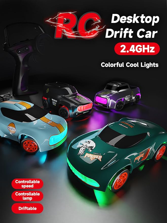 Mini RC Drift Car for Adults 1/64 Desktop Drift Car with Colorful Lights Desk Remote Control Cars for Race Hobby Gifts and Toys (Matte Green Concept Model)