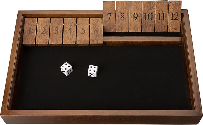 WE Games Wooden Shut The Box - Close The Box Set with 12 Number Tiles &amp 2 Dice Games - 13.5” Walnut Stained Finish