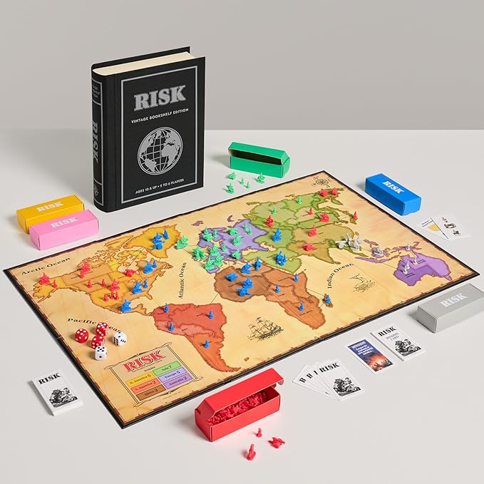 WS Game Company Risk Vintage Bookshelf Edition Linen Wrapped Book Box &amp Slipcase - Secret Mission Variant &amp 6 Armies - Strategy Board Games for Adults &amp Kids Ages 10+