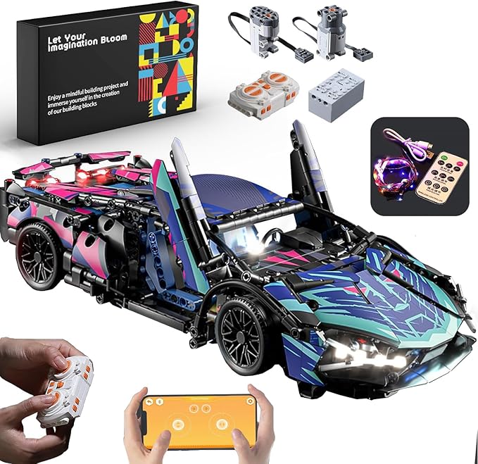 Sport Race Car Building Block Sets for Adults BoysRemote Control APP Supercar Toys Kits with LED Lights 1:14 Collectible MOC Contruction Birthday Gift for Teens Age 8-12 12-1614 14+(1314 PCS)