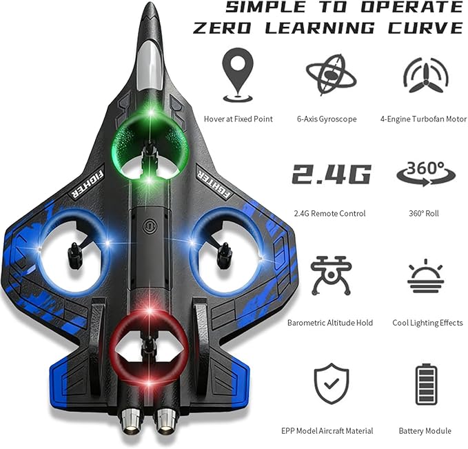 Foam Remote Control Airplanes RC Plane with Light RC Airplane Fighter Jet 360° Flip Stunt Roll Drones for Men RC Airplane (Blue)