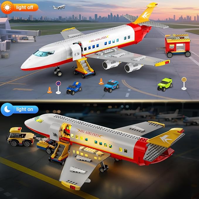HOGOKIDS 2 Style City Airplane Building Set with LED Light - Plane Building Blocks Switch Passenger Cargo Projectile Toy with 3 Cars Planes Model Toys Valentines Gifts for Kids Boys Girls Age 6-12+