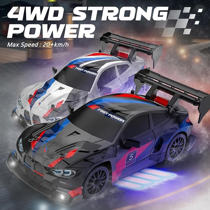 RC Drift Car 1:24 Scale Remote Control Vehicle for Kids2.4GHz 20KM/H 4WD High Speed RC Cars with LED Light Two Batteries &amp Drifting Tires Racing Sport Toy Cars for Adults Boys Girls Kids 8607WH