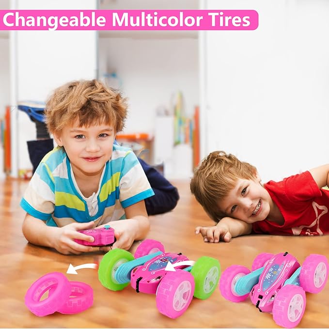 FREE TO FLY Remote Control Car for Girls : Pink RC Car Double Sided 360°Flip Stunt Cars with Headlights &amp WheelLights Rechargeable Toy Car Birthday Gifts for Girl Kids Age 6 7 8 9 10 11 12 Year Ol