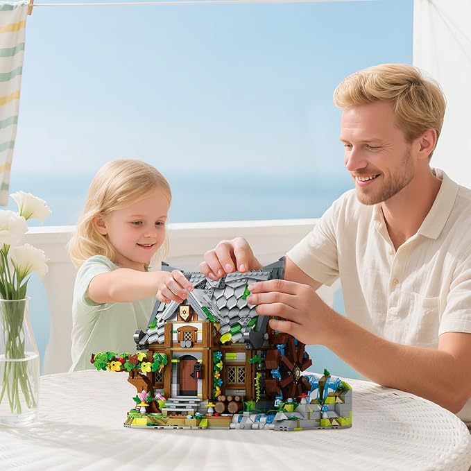 Reobrix Medieval Building Set for Adults– Watermill Cabin1873 PCS Medieval House with Rotating Water Wheel Architecture Collectible Building Bricks Kit for Adults and Medieval Village Fans
