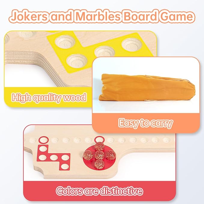 Jokers and Marbles Board Game Wooden Marble Game for 2-6 Players Portable Jokers Game with 30 Marbles 3 Decks of Cards 2 Storage Bags for Family Game Night and Holiday Party