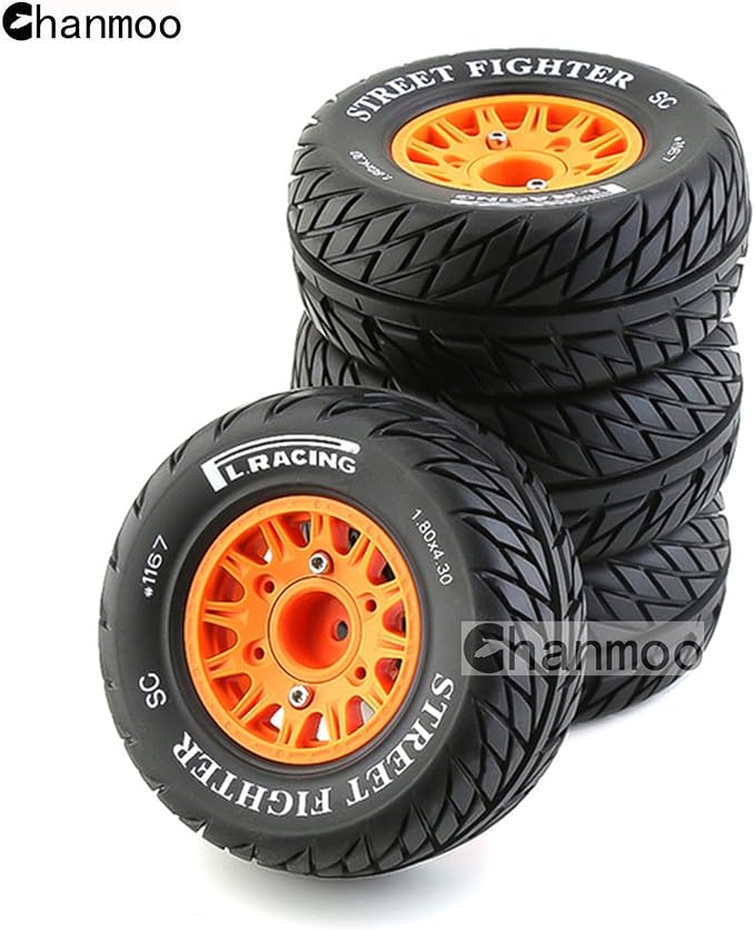 1/10 RC Short Course Truck Tires And Wheels With 12mm 14mm 17mm Hex 113mm 1/8 Rubber Tyres For 1/8 or 1/10 Scale On Road Car HSP Sonic 94102 GT PTG-2 Tamiya TT02 RC Racing Car 4PCS (Orange B)