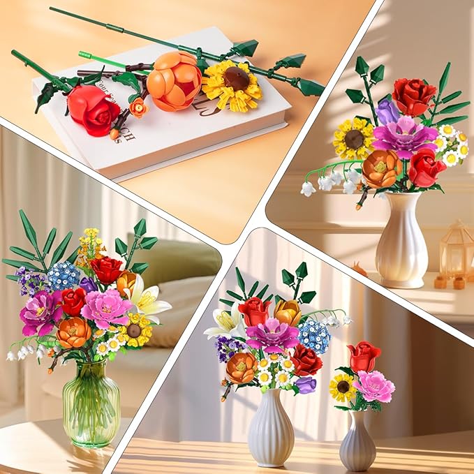 Flower Bouquet Building Set 1043 PCS Bouquet Botanicals Collection Easter Gift for Her Girlfriend Wife 15 Artificial Flowers Building Blocks Home Decor for Adults Kids Teens Women Birthday