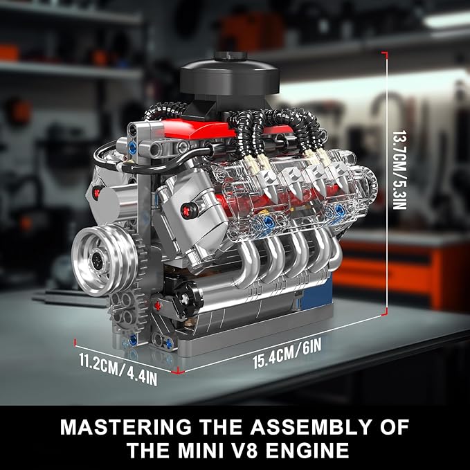 Mould King 10171 V8 Engine Model Kit That Works 8 Cylinder Car Engine with Motor Building Blocks Collectibles for Adults STEM Build Set (487 Pieces)
