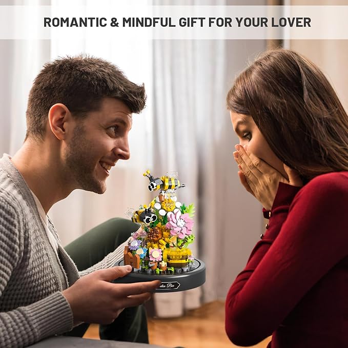 QLT QIAOLETONG Flower Bouquet Building Sets 588 PCS Animals Flowers Botanical Collection Mini Bricks Building Blocks Toy for Adults Valentine's Day for Her Mom Women Wife Girlfriend (Bee)