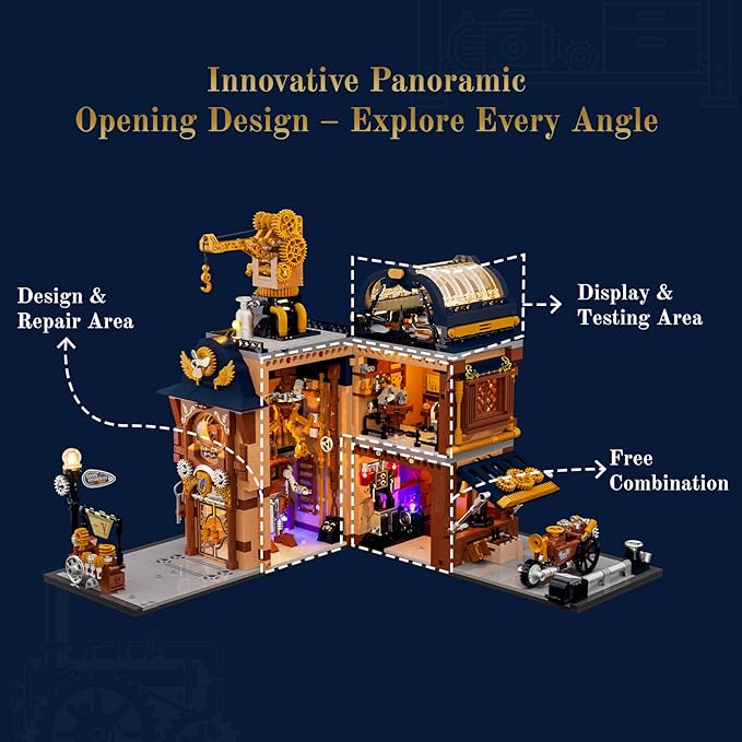 Steampunk Mechanical Workshop Lighting Building-Bricks Set 2006 Pcs The Sky-Lane Repair Shop Modular Building from Aeronauts Collection Display Set for Adults and Steampunk Lovers
