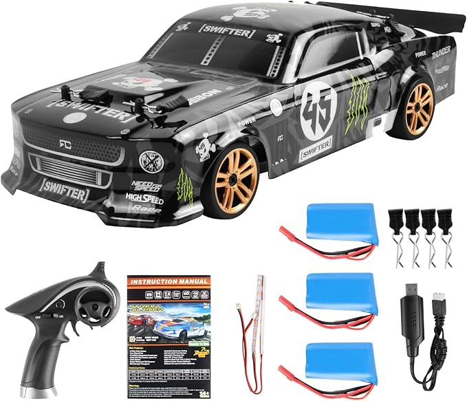 GoolRC RC Drift Car 1:18 Scale Remote Control Car 2.4GHz 4WD 30KM/H High Speed RC Racing Cars with LED Light Strip and 3 Batteries for Adults