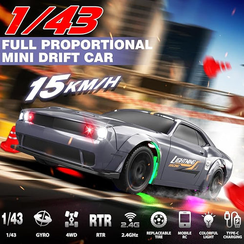 1/43 RC Drift Car Mini Drifting RC Car with Gyro 2.4GHz Full Proportional Drift Cars 4WD RTR Remote Control Cars with Colorful Lights High Speed Fast Racing Vehicle Gift for Kids Boys Adults