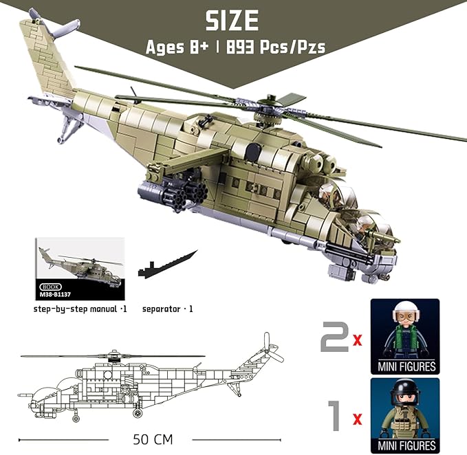 MI-24 Attack Helicopter Building Set - 893 PCS 1:30 Scale Military Gunship Model Battle Brick WW2 Army Toy Set with 3 Toy Soldiers