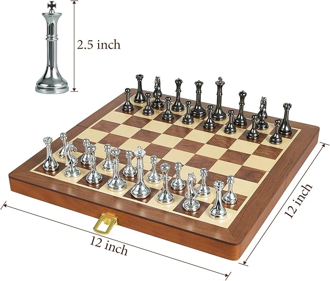 Metal Chess Set for Adults and Kids - 12 Inch Wooden Folding Chess Board and Metal Pieces Travel Portable Chess Set - Extra Queens &amp 2.5 King Ideal Gift for Chess Enthusiasts &amp Beginner
