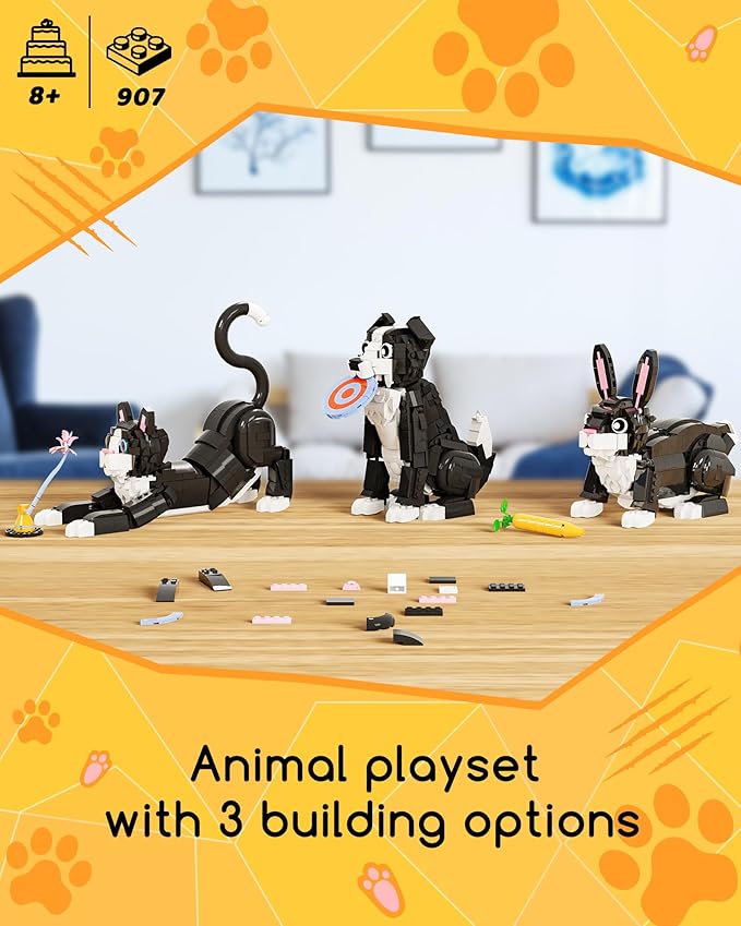 3 in 1 Animal Tuxedo Cat Building Set - Animal Figurines with 3 Building Options into Cat Dog or Rabbit - Learning Toy Birthday Gift for Kids Girls &amp Boys Ages 6+