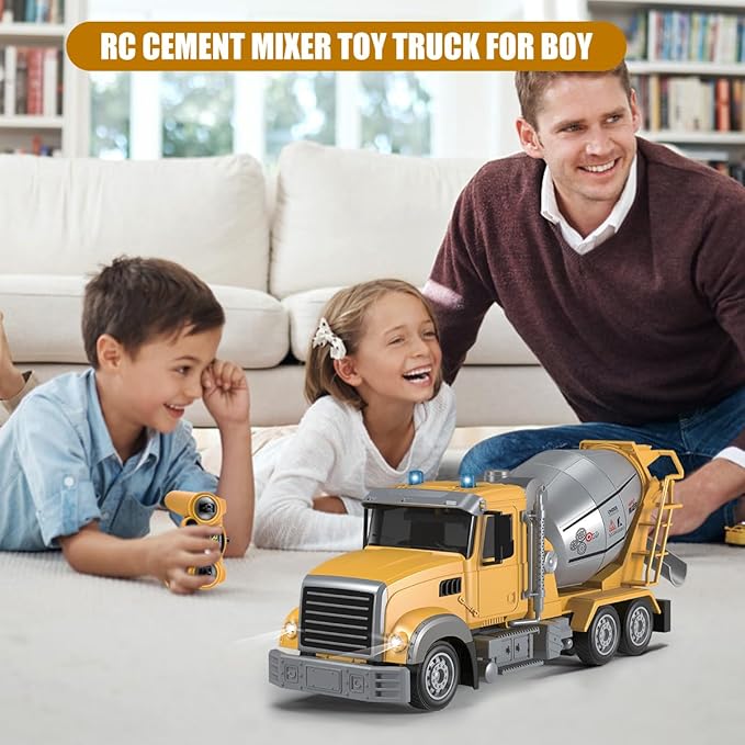 Fistone RC Cement Mixer Toy 6 Channel Truck with Lights 1:24 Electric 360 Degree Stirring Vehicle Rechargeable Construction Truck for Kids