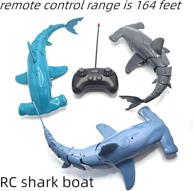 Summer Pool and Beach Remote Control Shark Boat Bath Toys RC Submarine Robo Shark Model Realistic Wiggle-Tail Electric Fish Hammerhead and Dusky Sharks Kids Gift Pool Toy for Ages 6–12 (Blue)