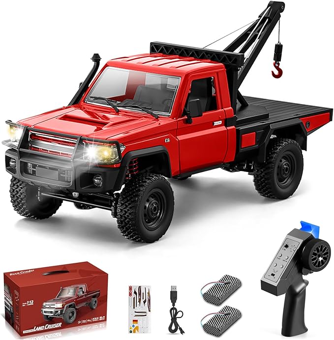 RC Crawler 1:12 Scale MN82 New Upgrades MN82-T RC Crane Truck 4WD LC79 Land Cruiser Rock Crawler with Lights Speed Adjustment Crane Tires All Terrain Wrecker for Teens Adults(Red)