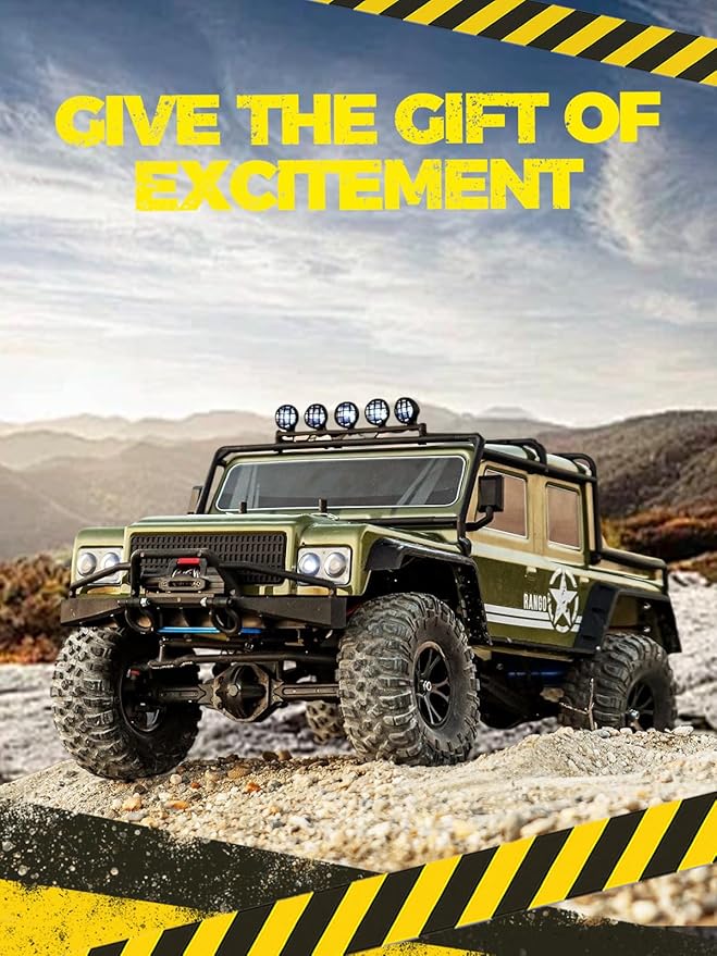 1:8 RC Cars for Adults – 4x4 Remote Control Car Rugged Brushed Motor Electric Off-Road RC Rock Crawler with 2-Speed Transmission Army Green All-Terrain RC Trucks Ready-to-Run RTR Set
