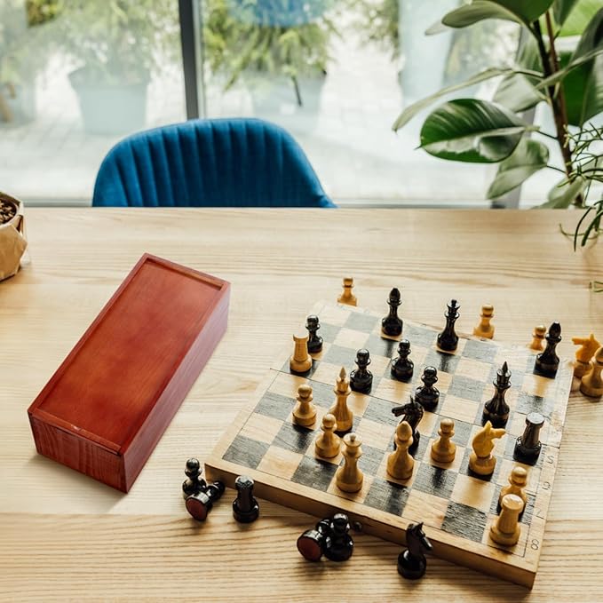 Heavy Slide-top Chess Pieces Storage Box Wooden Case Only 12.5 x 5.5 x 4 Inches with Flannel Lining with 2 Large Storage Compartments Hold a Set of Chess Pieces from 3.0 to 4.4