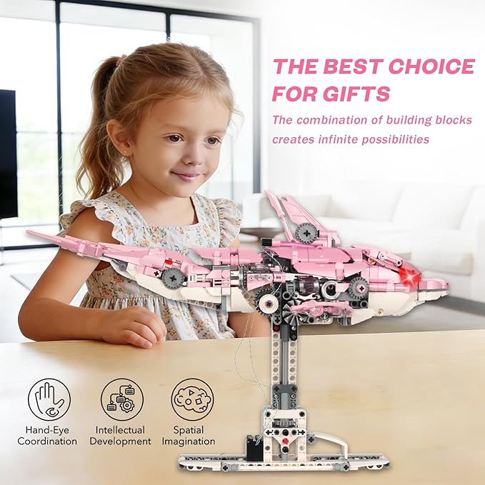 Mechanical Pink Dolphin Building Blocks Linkage Kit Sea Animal Model with Lighting Display Stand STEM Power Toy DIY Desktop Ornament for Kids &amp Adults Ages 12+ Birthday Gift Idea 888pcs
