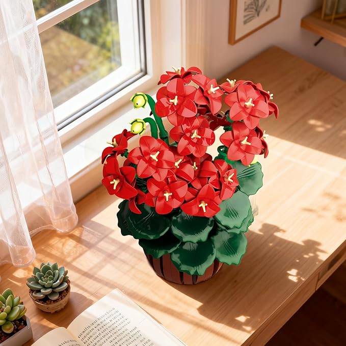 Flowers Geranium Botanicals Building Set - Artificial Bonsai Plants for Home Office Decor Display 548PCS Geranium Flowers Pot Building Blocks for Adults Women Age 12+ Gift for Easter