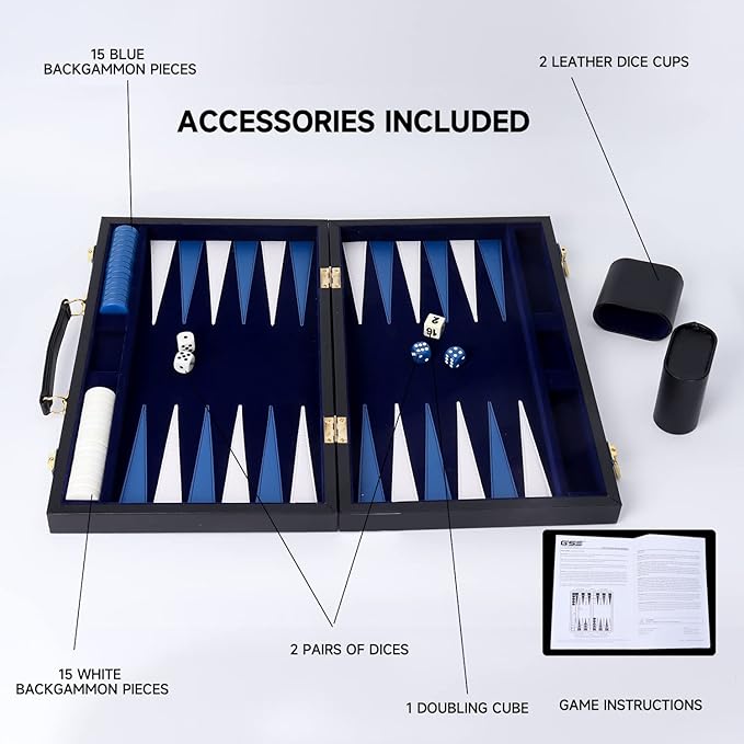 GSE Games &amp Sports Expert Premium Leather Backgammon Board Game Set Classic Backgammon Game Set with Leather Case Travel Folding Board Game (Black&ampBlue Medium)