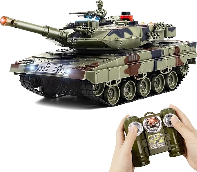 1/24 Remote Control Tank 2.4GHz German Leopard II RC Tank &amp Recoil Force &amp 330°Turret Rotation. Army Toys Infrared Battle Toys with Smoke and Sound Effect Gift for Boys