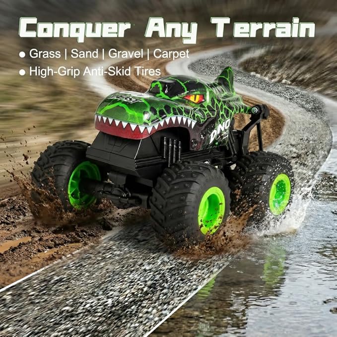 Remote Control Dinosaur Car for Boys 8-12 Sturdy 1:20 Scale RC Monster Truck with LED Lights &amp Roaring Sound 2.4GHz All Terrain Off Road Toy Vehicle Birthday Easter Gifts for Kids 8-12(Green)