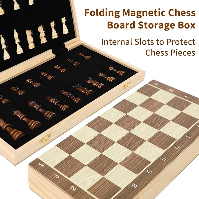 Magnetic Wooden Chess Board Set – 15.3 Folding Travel Chess Sets with Storage Slots – 2 Extra Queens Chess Board Set for Kids Adults Beginners – Portable Chess Game with Pieces Storage