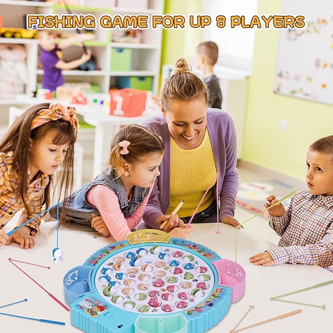 Magnetic Fishing Game Toys Rotating Board Game with Music Including 45 Fishes and 8 Fishing Poles Christmas Party Game Toys for Kids Age 3 4 5 6 7 and Up