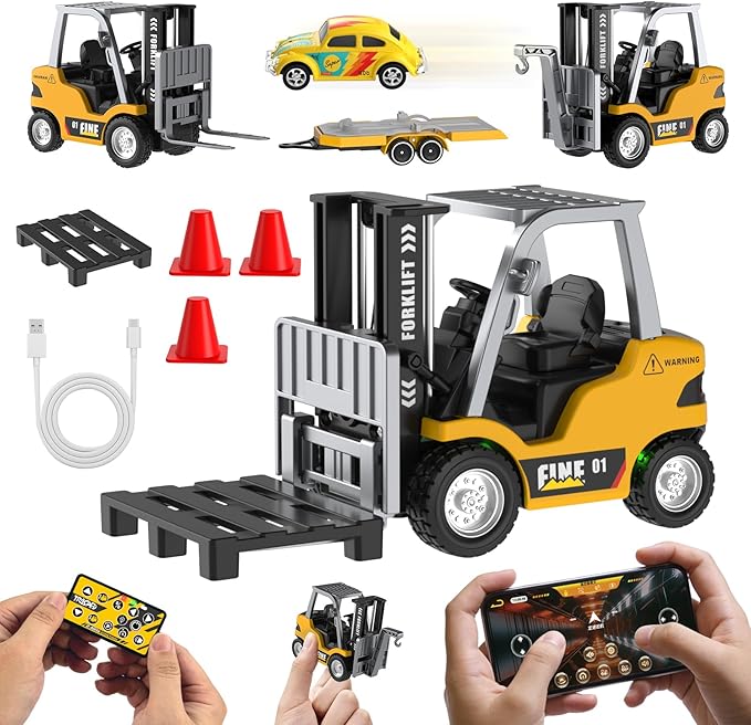 Mini RC Truck 1:64 Scale RC Forklift Toy Electric Vehicle with 2.4Ghz Remote Control 2 in 1 RC Cars Lift Fork &amp Hook with Lights &amp Sounds for 3 4 5 6 Year Old Boys Kids and Girls Birthday G