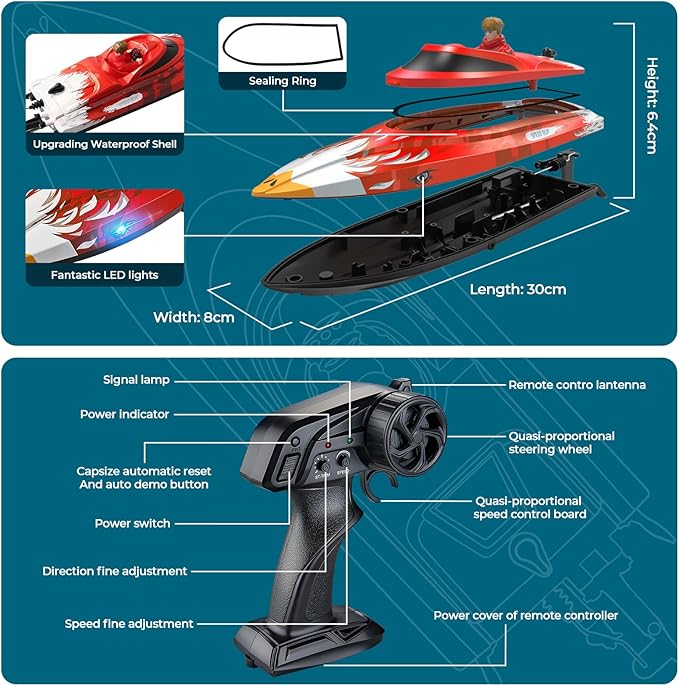 25KMH RC Remote Control Boat with LED Lights Self-Righting Low Battery Alert 2.4GHz with 800 mAh Lithium battery Waterproof Electric Fast Speed Boat for Pool &amp Lake Toy for Boys Girls Red
