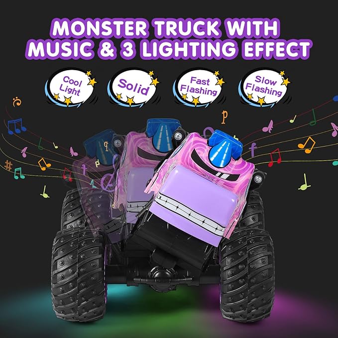 DYODYORC Remote Control Car 2.4Ghz All Terrain Monster Truck RC Truck with Music 3 Lighting Effects 360 Stunt Capable 2 Batteries Ready to Run Toy Gifts for Boys and Girls (Pink)