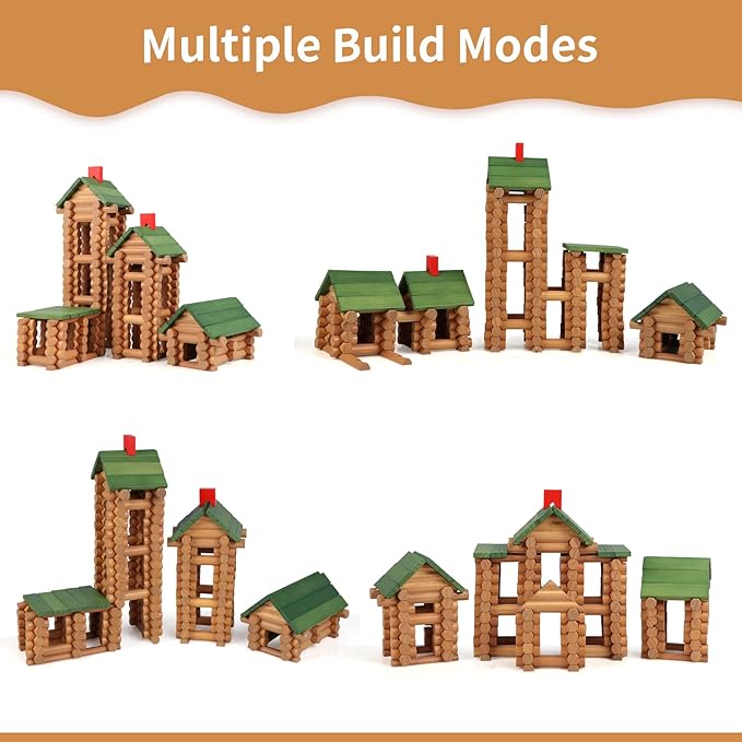 Wondertoys 328 Pcs Wooden Logs Set Ages 3+ Classic Building Log Toys for Kids Creative Construction Engineering Educational Gifts