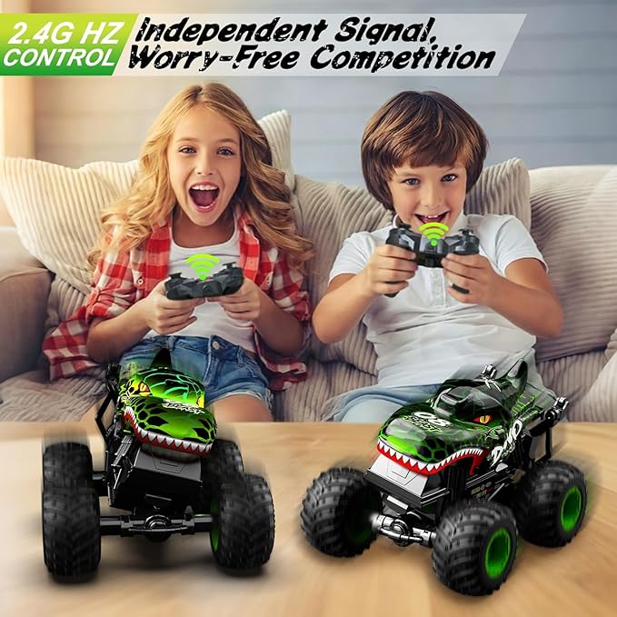 Gohero Monster Truck Toys for Kids 1:20 Dinosaur Toys RC Car Truck with 360° Spins &amp Drifting 2.4GHz All-Terrain Monster Trucks for Boys Age 4-7 | with LED Light Music &amp 2 Rechargeable Batt